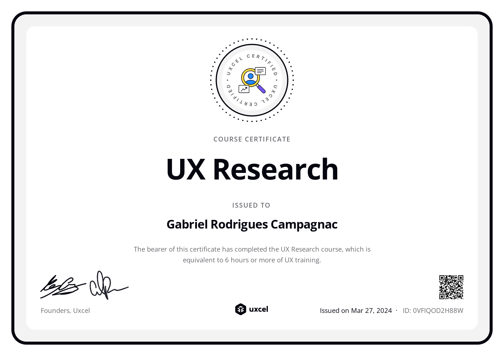 Gabriel Rodrigues Campagnac's certificate